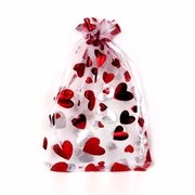 Organza - chiffonpose med røde hjerter. 100 mm. Hvid. 10 stk.